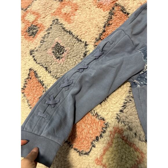 Victorias Secret PINK Cropped velvet Stripe Lace Up Sleeve Hoodie Blue Large - Picture 3 of 5